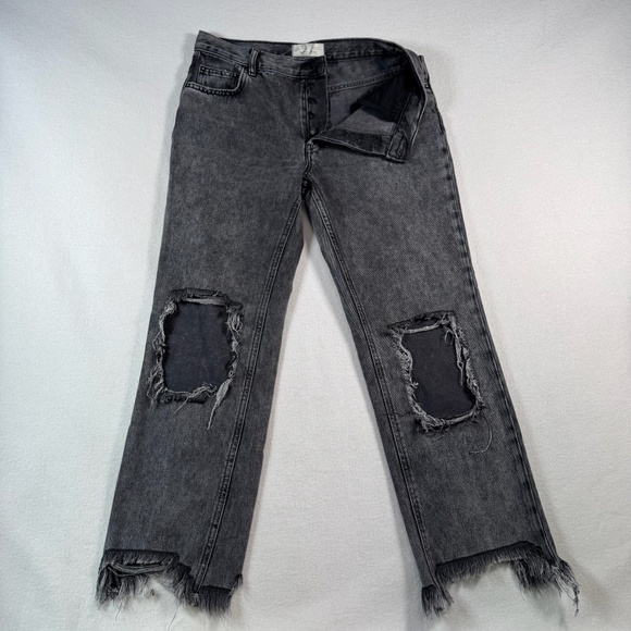 We the Free Jeans Womens 27 Black Straight Button Fly Mid Rise Distressed - Picture 1 of 11